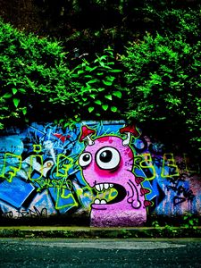 Preview wallpaper wall, graffiti, colorful, trees