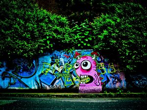 Preview wallpaper wall, graffiti, colorful, trees