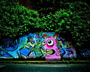 Preview wallpaper wall, graffiti, colorful, trees