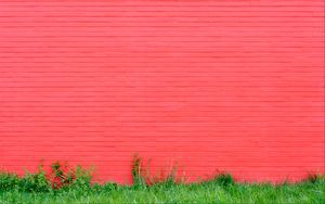 Preview wallpaper wall, grass, pink, bricks