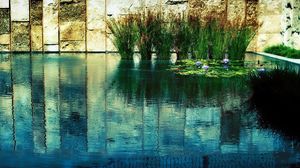 Preview wallpaper wall, grass, water, reflection, stones