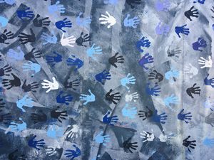 Preview wallpaper wall, hands, prints, texture, blue