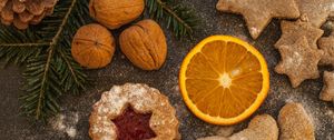 Preview wallpaper walnuts, pine cones, christmas, cookies, oranges