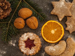 Preview wallpaper walnuts, pine cones, christmas, cookies, oranges