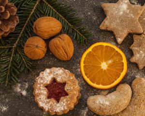 Preview wallpaper walnuts, pine cones, christmas, cookies, oranges
