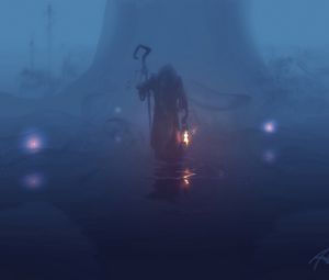 Preview wallpaper wanderer, fog, mantle, dark, gloomy, lamp