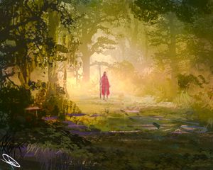 Preview wallpaper wanderer, forest, trees, glow, art