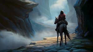 Preview wallpaper wanderer, horse, rocks, crossing, fantasy, art