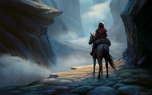 Preview wallpaper wanderer, horse, rocks, crossing, fantasy, art