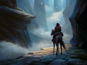 Preview wallpaper wanderer, horse, rocks, crossing, fantasy, art