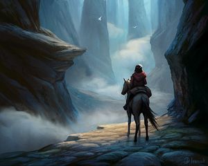 Preview wallpaper wanderer, horse, rocks, crossing, fantasy, art