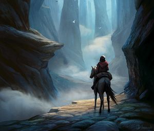 Preview wallpaper wanderer, horse, rocks, crossing, fantasy, art