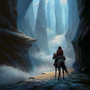 Preview wallpaper wanderer, horse, rocks, crossing, fantasy, art