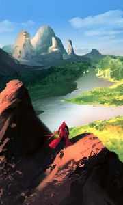 Preview wallpaper wanderer, landscape, fantasy, rocks, river, art