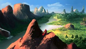 Preview wallpaper wanderer, landscape, fantasy, rocks, river, art