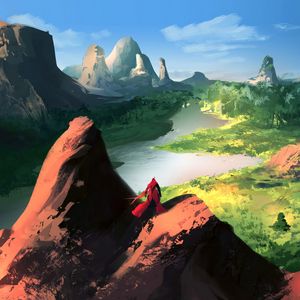 Preview wallpaper wanderer, landscape, fantasy, rocks, river, art