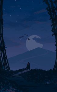 Preview wallpaper wanderer, loneliness, alone, path, moon, night, art