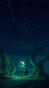 Preview wallpaper wanderer, moon, glow, night, trees, art