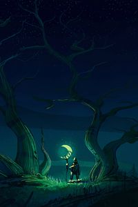 Preview wallpaper wanderer, moon, glow, night, trees, art