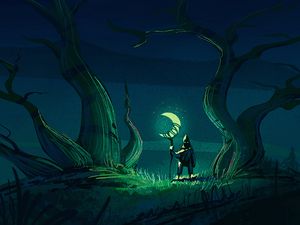 Preview wallpaper wanderer, moon, glow, night, trees, art