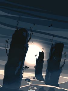 Preview wallpaper wanderer, moon, rocks, branches, art