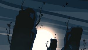 Preview wallpaper wanderer, moon, rocks, branches, art
