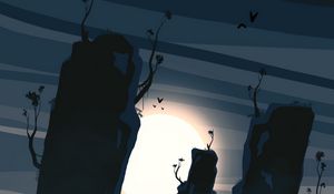 Preview wallpaper wanderer, moon, rocks, branches, art