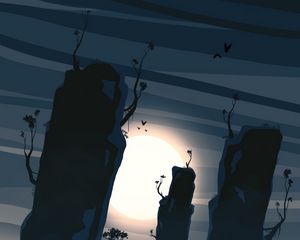 Preview wallpaper wanderer, moon, rocks, branches, art