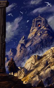 Preview wallpaper wanderer, rocks, building, castle, paint, art