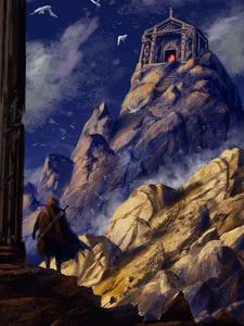 Preview wallpaper wanderer, rocks, building, castle, paint, art