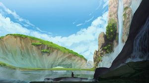 Preview wallpaper wanderer, rocks, mountains, sky, art