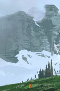 Preview wallpaper wanderer, rocks, slope, snow, art