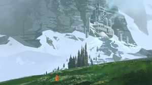 Preview wallpaper wanderer, rocks, slope, snow, art