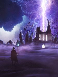 Preview wallpaper wanderer, ruins, lightning, art