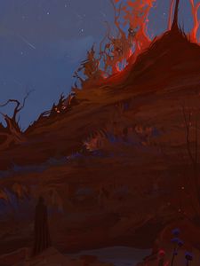 Preview wallpaper wanderer, silhouette, night, slope, art