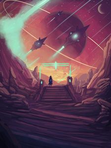 Preview wallpaper wanderer, spaceship, ufo, planet, art