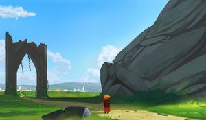 Preview wallpaper wanderer, traveler, road, rocks, art