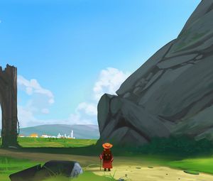 Preview wallpaper wanderer, traveler, road, rocks, art