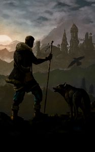 Preview wallpaper wanderer, wolf, castle, art