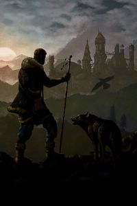 Preview wallpaper wanderer, wolf, castle, art