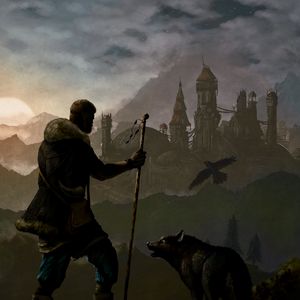 Preview wallpaper wanderer, wolf, castle, art