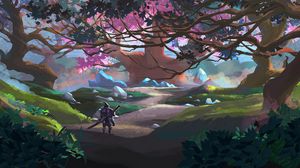 Preview wallpaper warrior, armor, sword, forest, fantasy, art