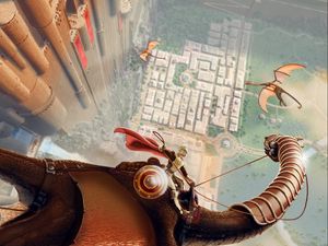 Preview wallpaper warrior, dragon, flying, sky, town, castle