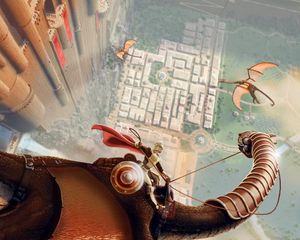 Preview wallpaper warrior, dragon, flying, sky, town, castle