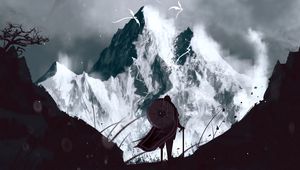 Preview wallpaper warrior, dragon, mountains, art