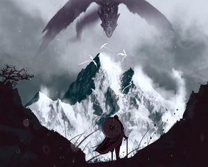 Preview wallpaper warrior, dragon, mountains, art