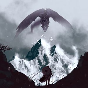 Preview wallpaper warrior, dragon, mountains, art