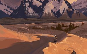 Preview wallpaper warrior, dunes, mountains, snow, art