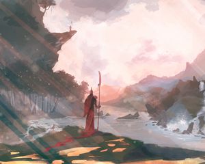 Preview wallpaper warrior, halberd, landscape, art