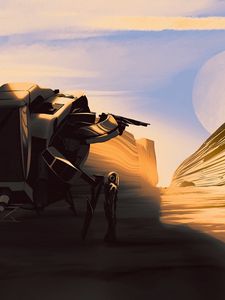 Preview wallpaper warrior, helmet, spaceship, canyon, fantasy, art